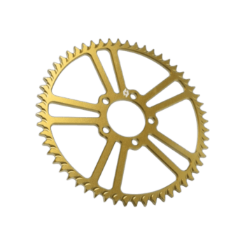 Gold racing sprocket gear for motorbikes or go-karts, high-quality and durable, ideal for racing applications.