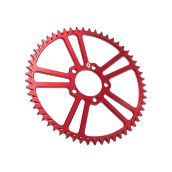 Red lightweight bicycle sprocket gear for racing or high-performance cycling.