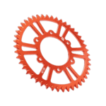 Orange racing sprocket gear for motorbikes or go-karts, designed for high-performance racing applications.