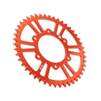 Orange racing sprocket gear for motorbikes or go-karts, designed for high-performance racing applications.