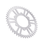 Silver motorcycle sprocket gear with intricate cutouts, designed for high-performance racing bikes.