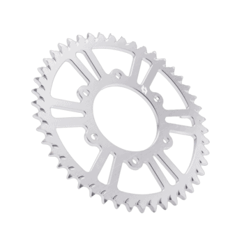 Silver motorcycle sprocket gear with intricate cutouts, designed for high-performance racing bikes.