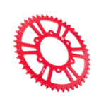 Red racing sprocket gear for motorsport applications, designed for high-performance Grand Prix racewear.