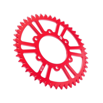 Red racing sprocket gear for motorsport applications, designed for high-performance Grand Prix racewear.