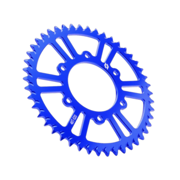 Blue racing gear sprocket with intricate gear teeth design, ideal for motorsport applications.