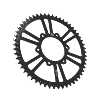 Black motorcycle sprocket gear with intricate cutouts, designed for high-performance racing bikes.