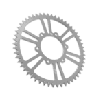 Silver motorcycle sprocket gear with intricate teeth and spokes, used in high-performance racing bikes for optimal power transfer.