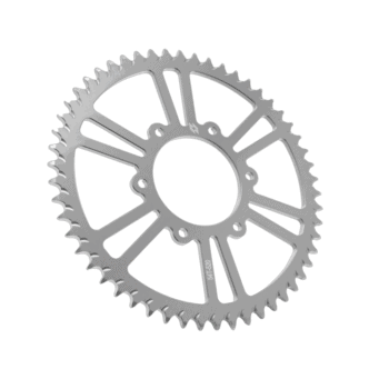 Silver motorcycle sprocket gear with intricate teeth and spokes, used in high-performance racing bikes for optimal power transfer.