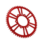 Red motorcycle sprocket gear for racing, made of lightweight metal with intricate cutouts and sharp teeth.
