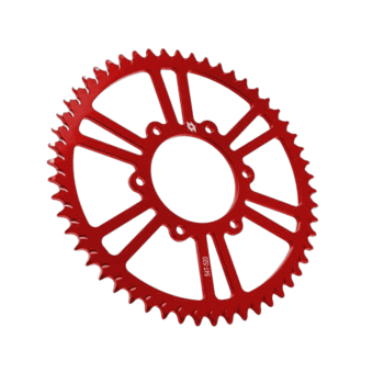 Red motorcycle sprocket gear for racing, made of lightweight metal with intricate cutouts and sharp teeth.