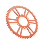 Orange racing bicycle sprocket gear with intricate teeth design, ideal for high-performance cycling and motor racing applications.