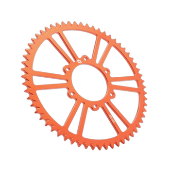 Orange racing bicycle sprocket gear with intricate teeth design, ideal for high-performance cycling and motor racing applications.