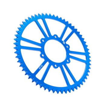 Blue racing bicycle sprocket gear, lightweight and high-performance for motorsport racing.