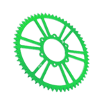 Green racing gear sprocket wheel, used in motorsport machinery and racewear equipment.