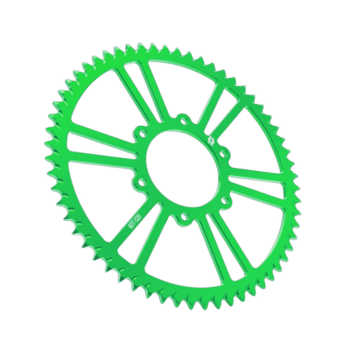 Green racing gear sprocket wheel, used in motorsport machinery and racewear equipment.