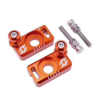 Orange anodised aluminium racing part with mounting screws, designed for Grand Prix racewear and motorcycle racing accessories.