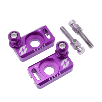 Purple anodised racing steering wheel quick release hub with mounting bolts for motorsport applications.