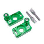 Green aluminium racing wheel spacers with mounting bolts for motorcycle or kart, featuring precision engineering and high-quality materials.