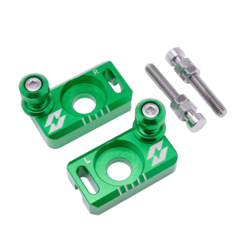 Green aluminium racing wheel spacers with mounting bolts for motorcycle or kart, featuring precision engineering and high-quality materials.