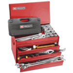 Facom maintenance tool kit with various hand tools and accessories in a red toolbox, suitable for automotive and mechanical repairs.