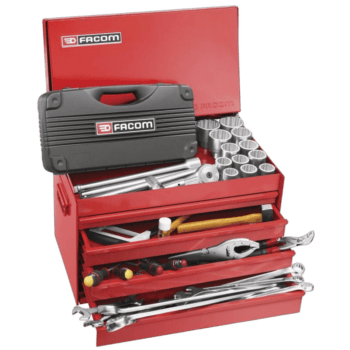 Facom maintenance tool kit with various hand tools and accessories in a red toolbox, suitable for automotive and mechanical repairs.