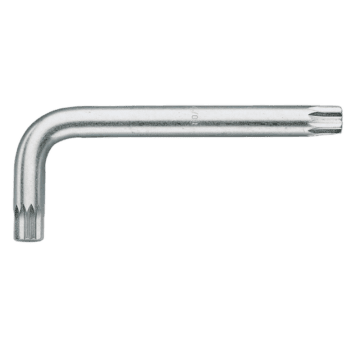Close-up of a silver L-shaped Allen key used for assembling and repairing racewear equipment.