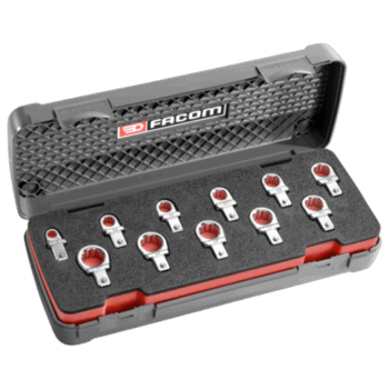 Facom set of 9 x 12 mm metric polygon bits in a durable plastic case for professional use.
