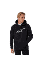 Young man wearing a black Grand Prix Racewear hoodie with a white logo, standing against a plain background.