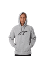Young man wearing a grey Grand Prix Racewear hoodie with black logo, casual style, front view.
