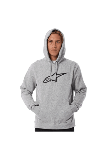 Young man wearing a grey Grand Prix Racewear hoodie with black logo, casual style, front view.