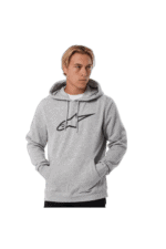 Young man wearing a grey Grand Prix Racewear hoodie with logo, casual pose, isolated on white background.