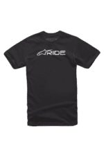 Black Alpinestars Ride T-shirt with white logo, designed for motorsport enthusiasts and racers.