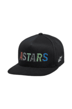 Black cap with 'ASTARS' embroidered in multicoloured letters, featuring a small white logo on the side, ideal for motorsport fans and racewear enthusiasts.