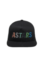 Black snapback cap with multicoloured 'ASTARS' embroidery, ideal for motorsport fans and racewear enthusiasts.