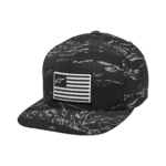 Black camouflage racing cap with American flag patch and star logo, ideal for motorsport enthusiasts and racewear fans.