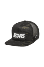 Black camouflage cap with 'ASTARS' logo and mesh back, ideal for motorsport fans and racewear enthusiasts.