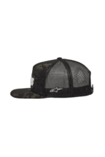 Black and grey mesh trucker cap with Alpinestars logo, suitable for motorsport enthusiasts and racewear fans.