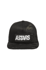 Black Astars racing cap with camouflage pattern and bold white logo, ideal for motorsport enthusiasts and racewear fans.