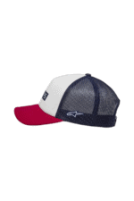 Grand Prix Racewear trucker cap with white front, navy mesh back, and red brim, featuring racing branding and logo.