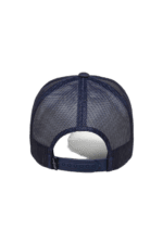 Navy blue mesh trucker cap with adjustable strap, ideal for motorsport enthusiasts and racewear fans.