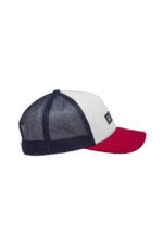 Trucker cap with navy blue mesh back, white front panel, and red brim, featuring Grand Prix Racewear branding for motorsport enthusiasts.