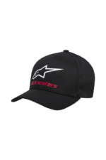 Black Alpinestars racing cap with white and red logo, designed for motorsport enthusiasts.