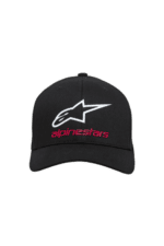 Alpinestars black cap with white and red logo, designed for motorsport enthusiasts and racewear fans.