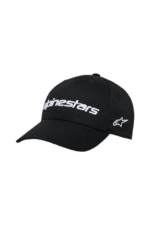 Black Alpinestars racing cap with white logo, designed for motorsport enthusiasts and racewear fans.