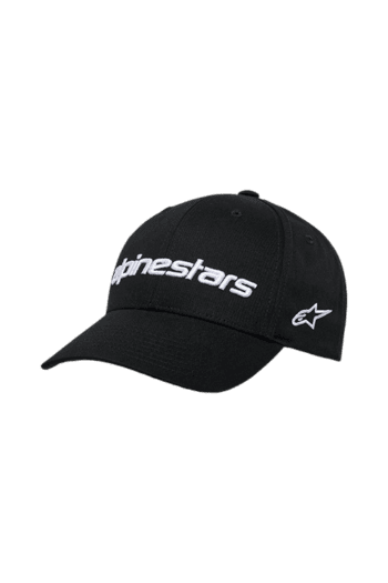 Black Alpinestars racing cap with white logo, designed for motorsport enthusiasts and racewear fans.