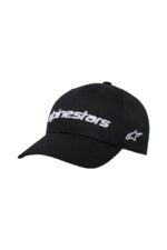 Black Alpinestars cap with white logo, designed for motorsport enthusiasts, featuring adjustable strap and breathable fabric.