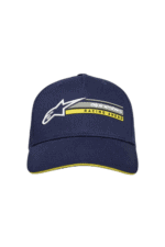 Alpinestars racing cap in navy blue with logo and 'Racing Ahead' slogan, designed for motorsport enthusiasts and racewear fans.