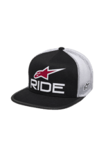 Alpinestars Ride racing cap with black, white, and red design, featuring the Alpinestars logo and 'RIDE' text for motorsport enthusiasts.