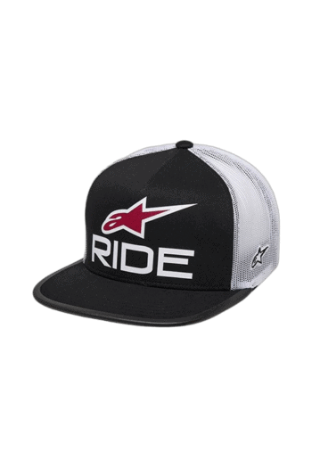 Black and white Grand Prix Racewear cap with Alpinestars logo and 'RIDE' text, designed for motorsport enthusiasts.