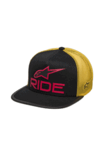Black and yellow racing cap with pink 'RIDE' logo and Alpinestars emblem, designed for motorsport enthusiasts.